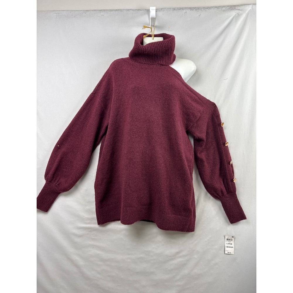 INC Tunic Sweater Womens Large Burgundy One Shoulder Gold Button Turtleneck NEW